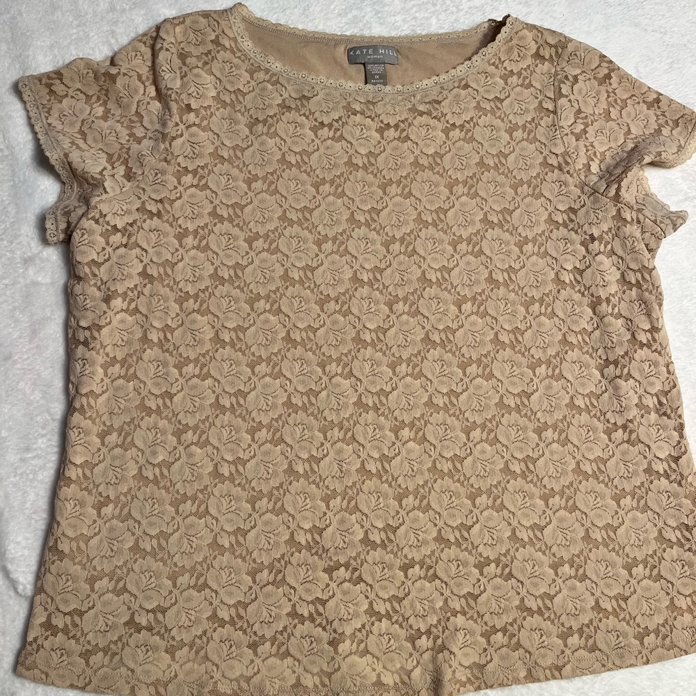 Kate Hill Tan Floral Lace Short Sleeve Top